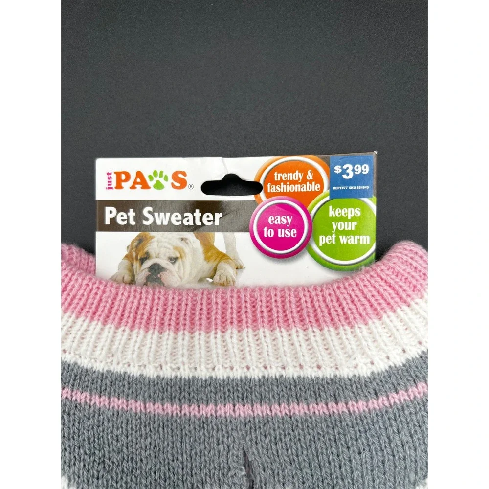Just Paws Pet Sweater Large Gray Pink White Heart Knit Dog Clothes PK88072VW